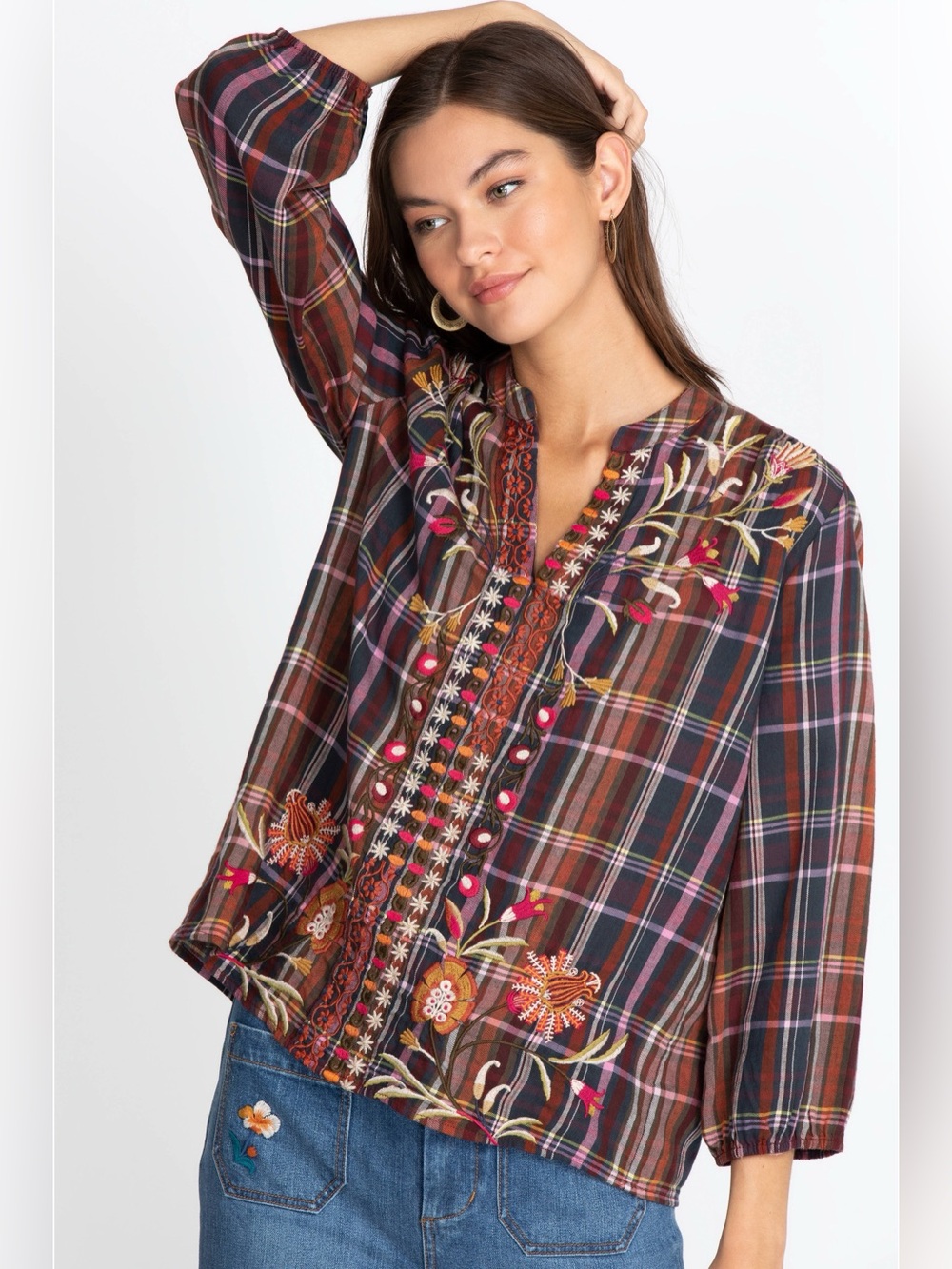 NWT Johnny Was Rosalva Paris Effortless Blouse Plaid Embroidered Small
